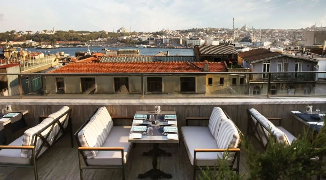 Rooftop lounge seating with a city view