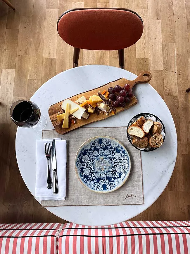Table for two with a charcuterie board