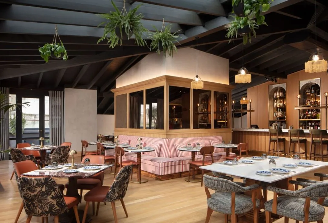 Béatrice restaurant under a dark timber ceiling with hanging plants