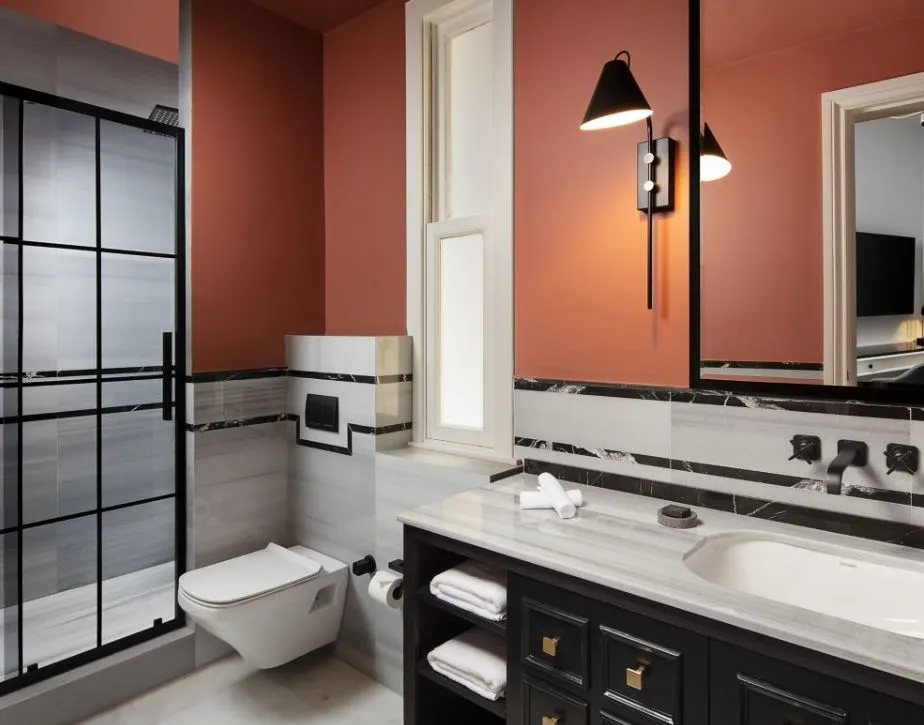 Bathroom with terracotta walls and glass shower