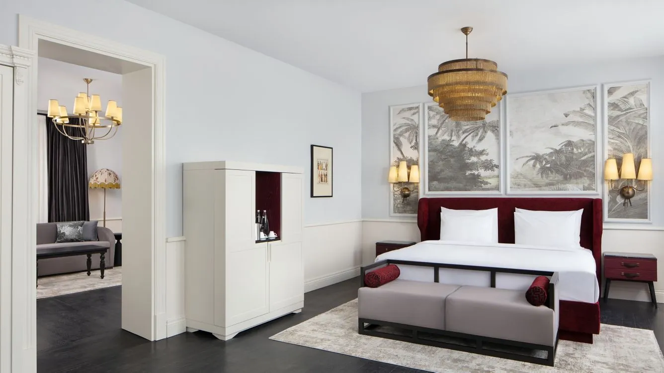 Grand Pera Suite bedroom with a view through to the living room